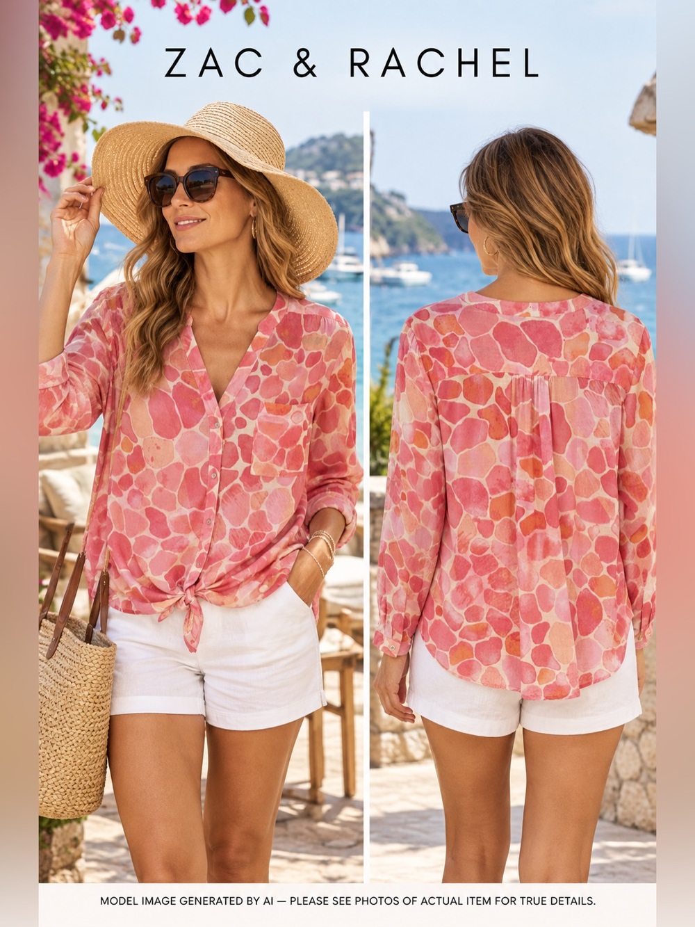 Zac & Rachel Abstract XL Tie Front Blouse‎ Lightweight Career Coastal Resortwear